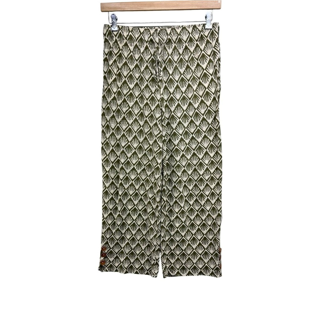 C&C California Green Cream Geometric Print High Rise Crop Linen Blend Pants Lrg